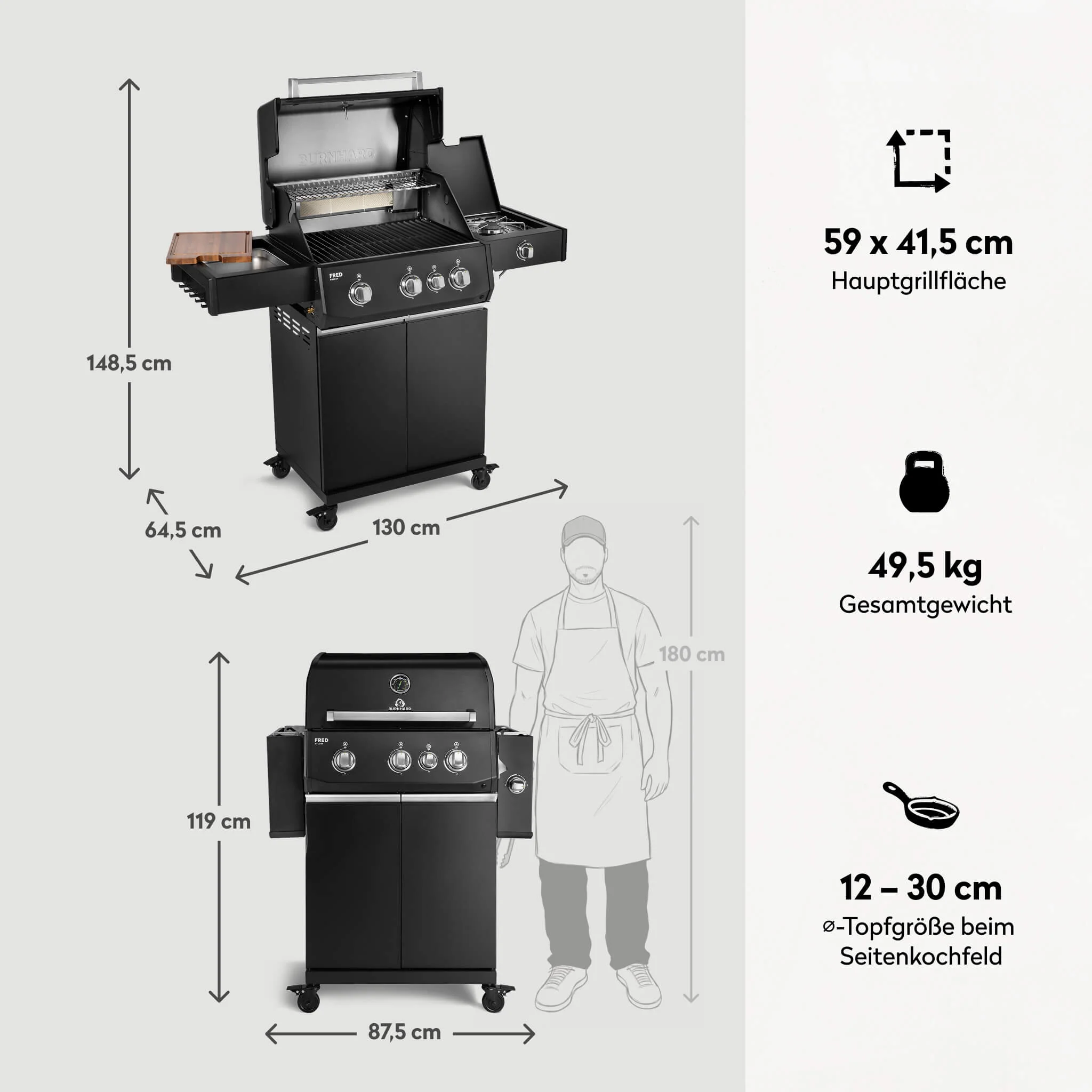 BURNHARD FRED Deluxe Gasgrill 3 Brenner Series 4 Black Edition mit Gusseisenrost Maximale BBQ Power vielseitig modern von BURNHARD
