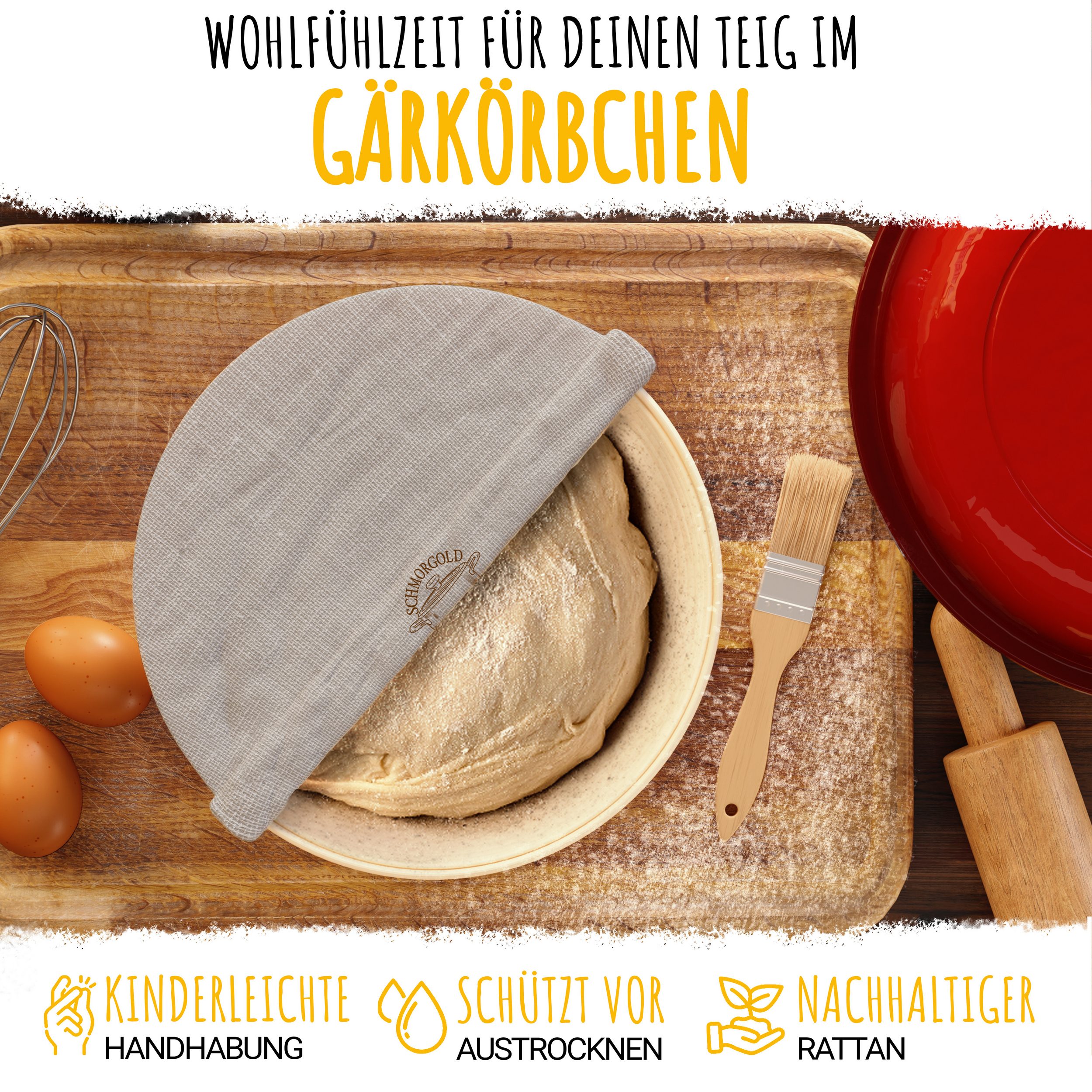 SCHMORGOLD Brotbacktopf & Schmortopf aus emailliertem Gusseisen & Gärkorb - 26 cm grifflos von SCHMORGOLD