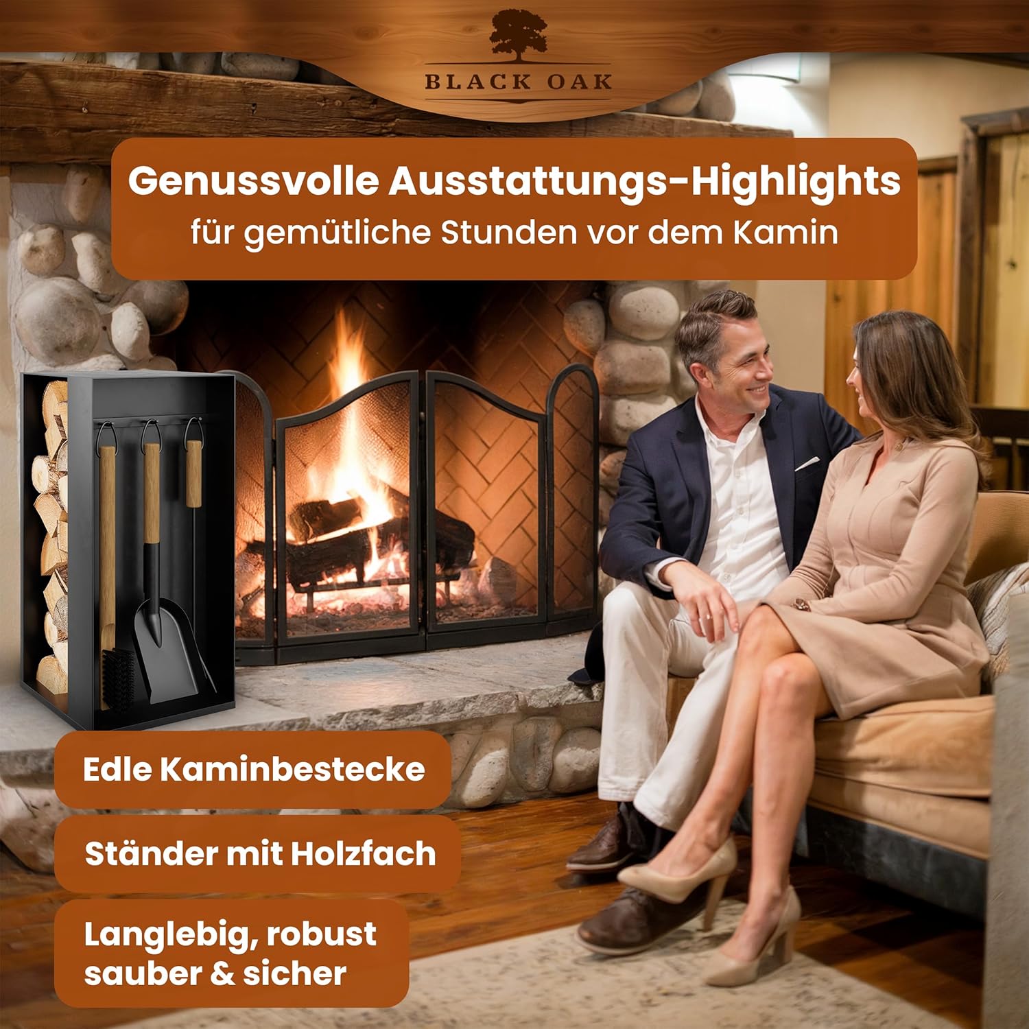 BLACK OAK Kaminbesteck Aspen 4-teilig schwarz mit Holzgriffen von BLACK OAK