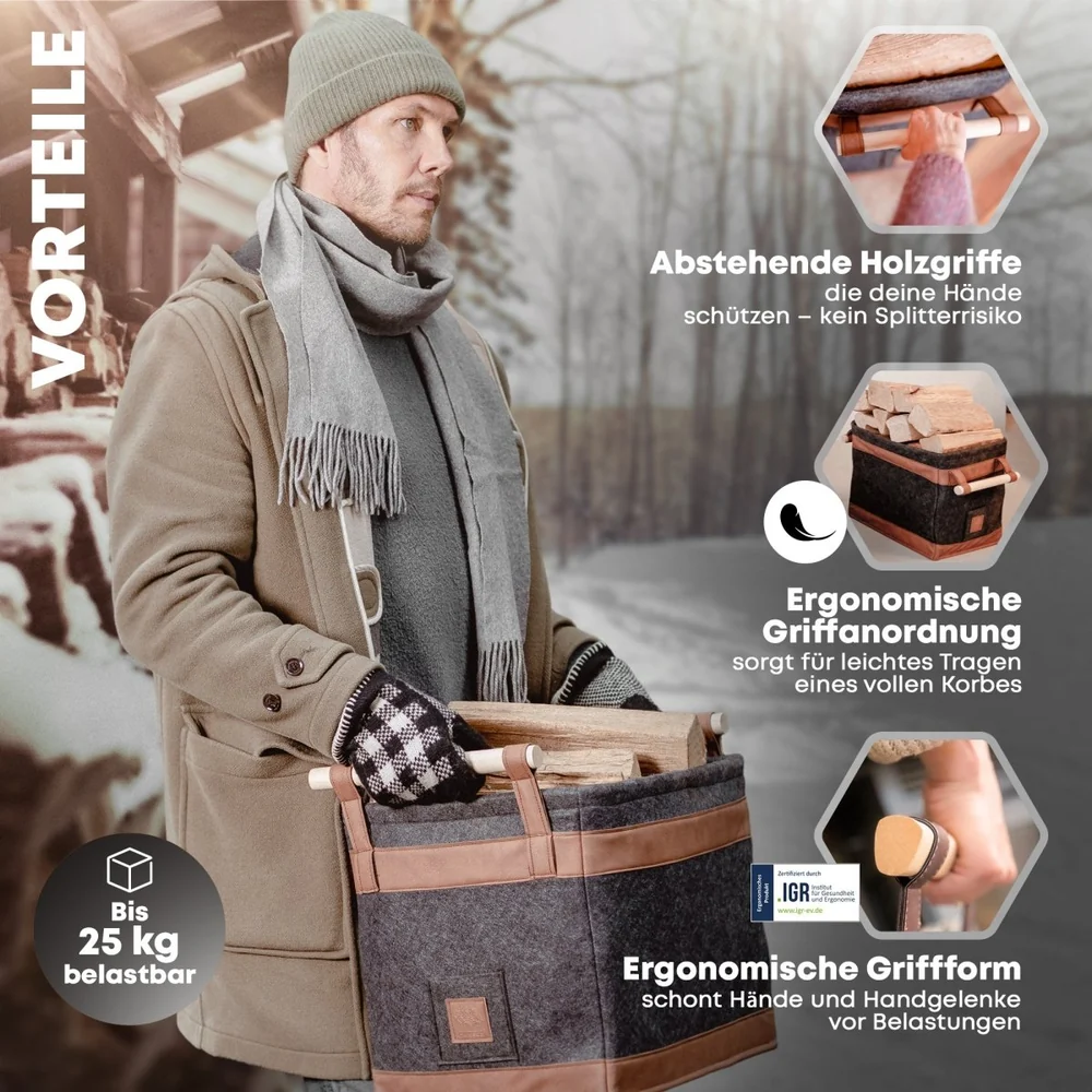 OAKAGE FireMaster Holzkorb Dunkelgrau aus recyceltem Filz mit Buchenholzgriffen - 35x42x35cm