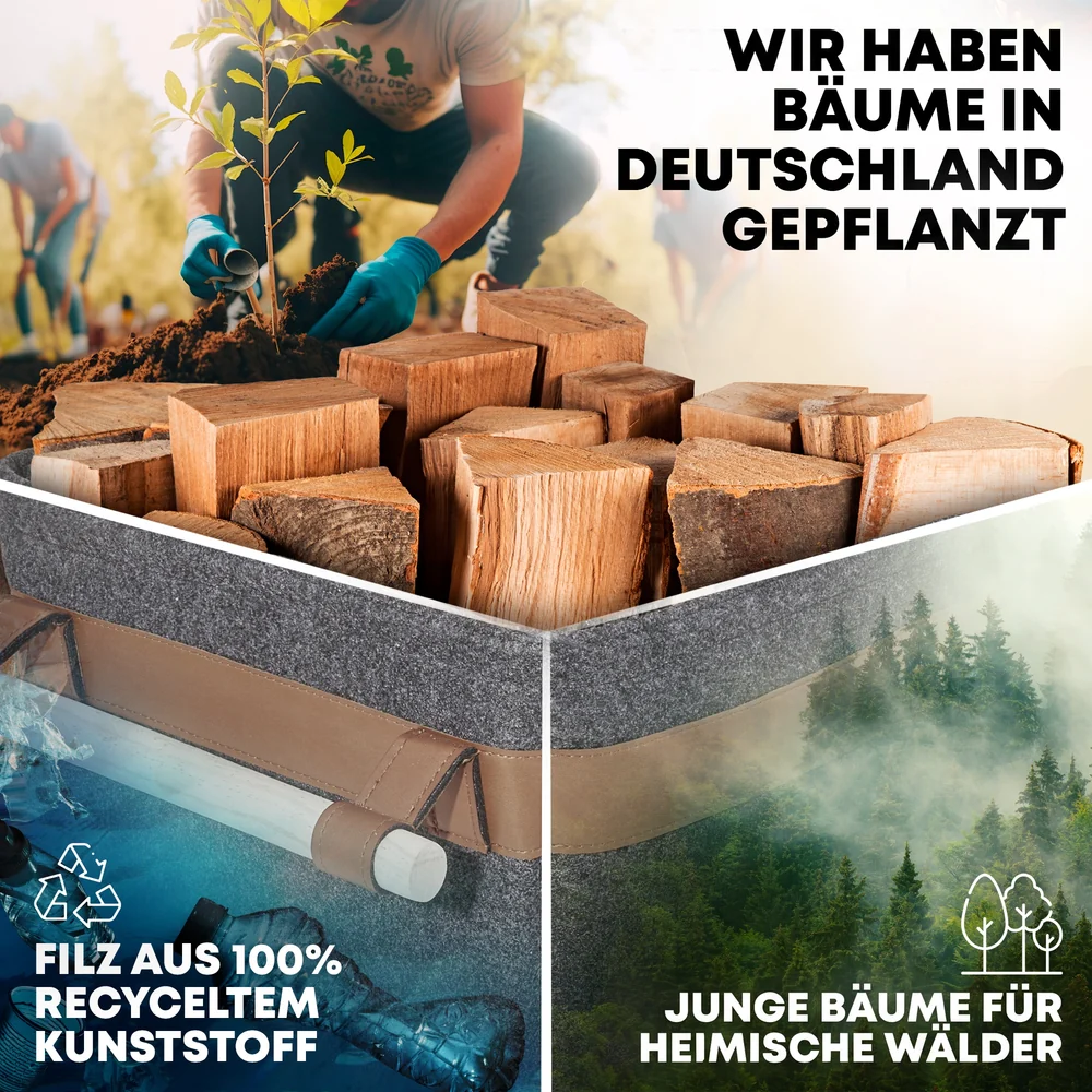 OAKAGE FireMaster Holzkorb Dunkelgrau aus recyceltem Filz mit Buchenholzgriffen - 35x42x35cm