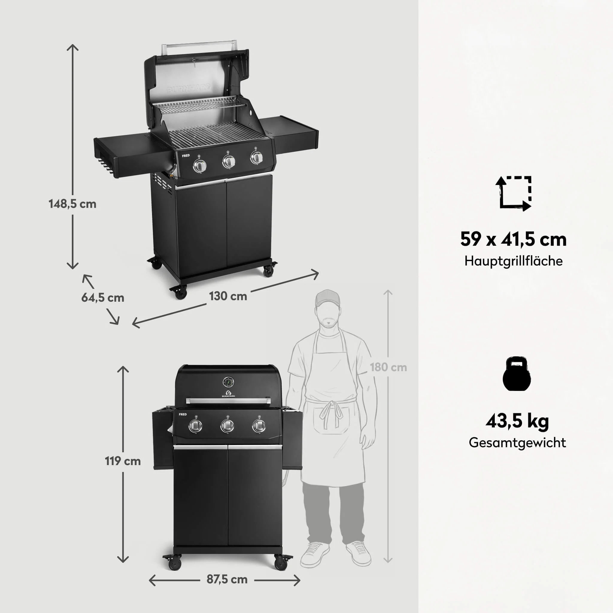 BURNHARD FRED Base Gasgrill 3 Brenner Series 4 Black Edition mit Edelstahl Grillrost Kraftvoll langlebig modern von BURNHARD