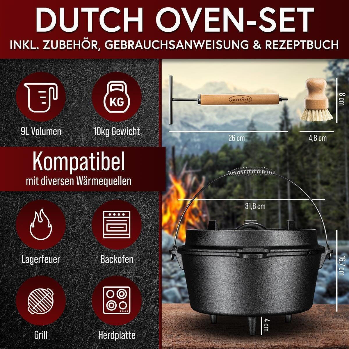 GUSSKÖNIG Dutch Oven 9 Liter Set mit Fuß | Eingebrannter Feuertopf | 2in1 Deckelheber | Bürste