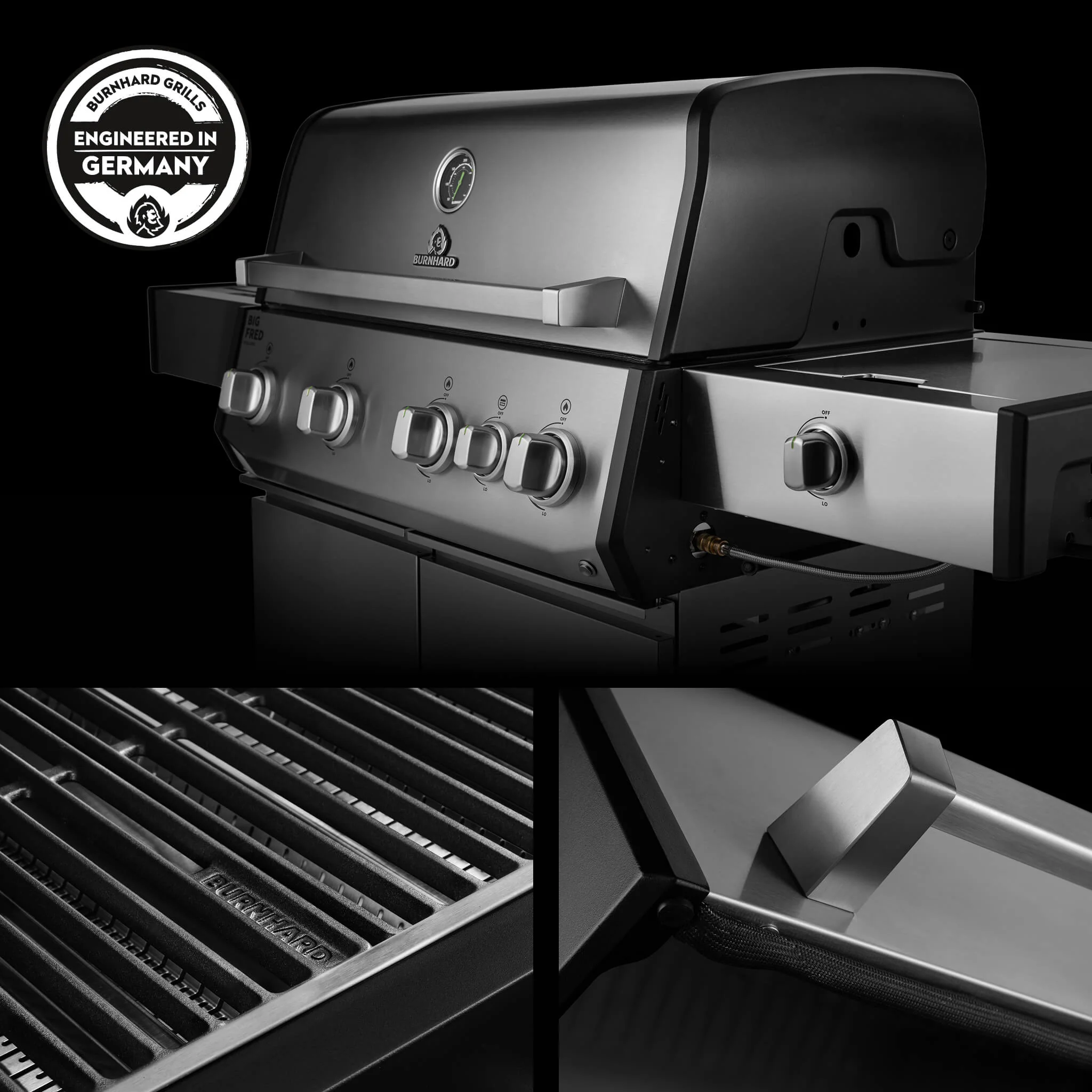 BURNHARD Big FRED Deluxe Gasgrill 4 Brenner Series 4 Edelstahl Grill mit Gusseisen Grillrost Maximale BBQ Power 21,2 kW Premium Ausstattung von BURNHARD