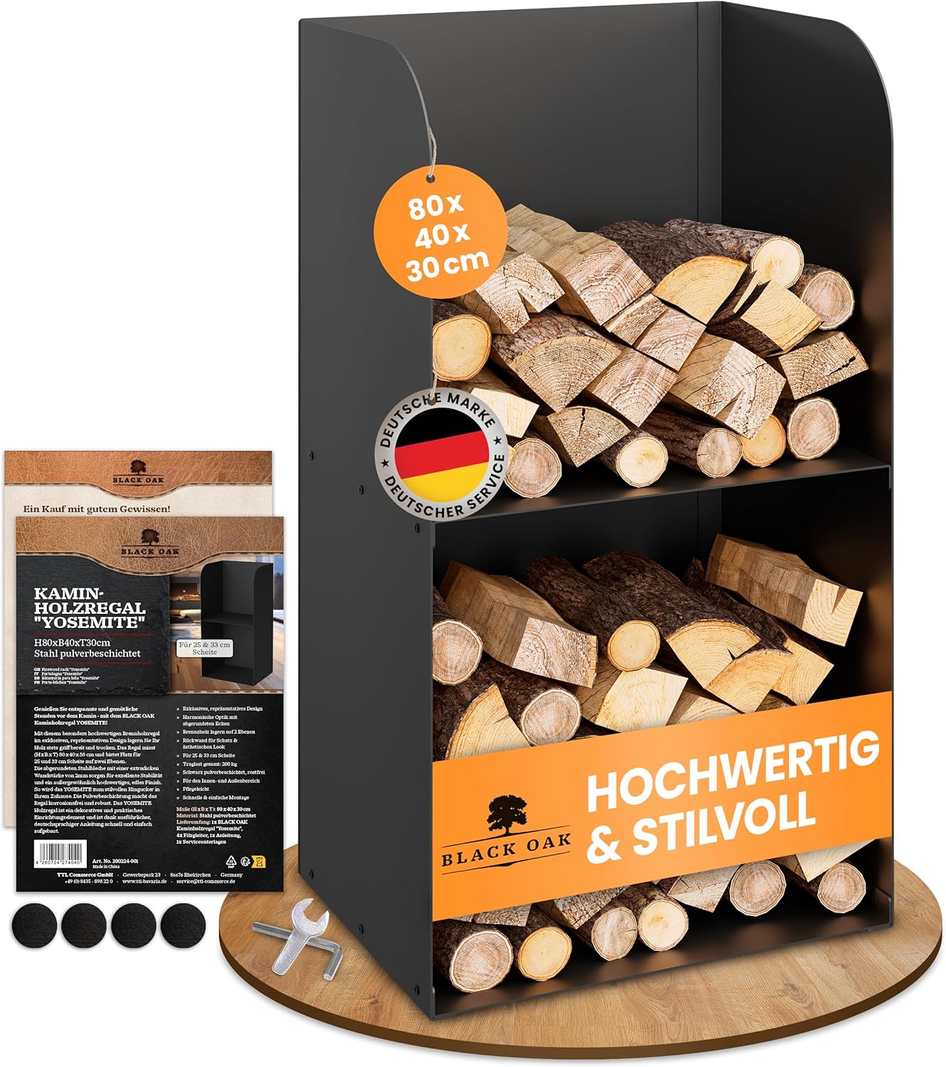 BLACK OAK Kaminholzregal Yosemite schwarz bis 200kg - 80 × 40 × 30 cm