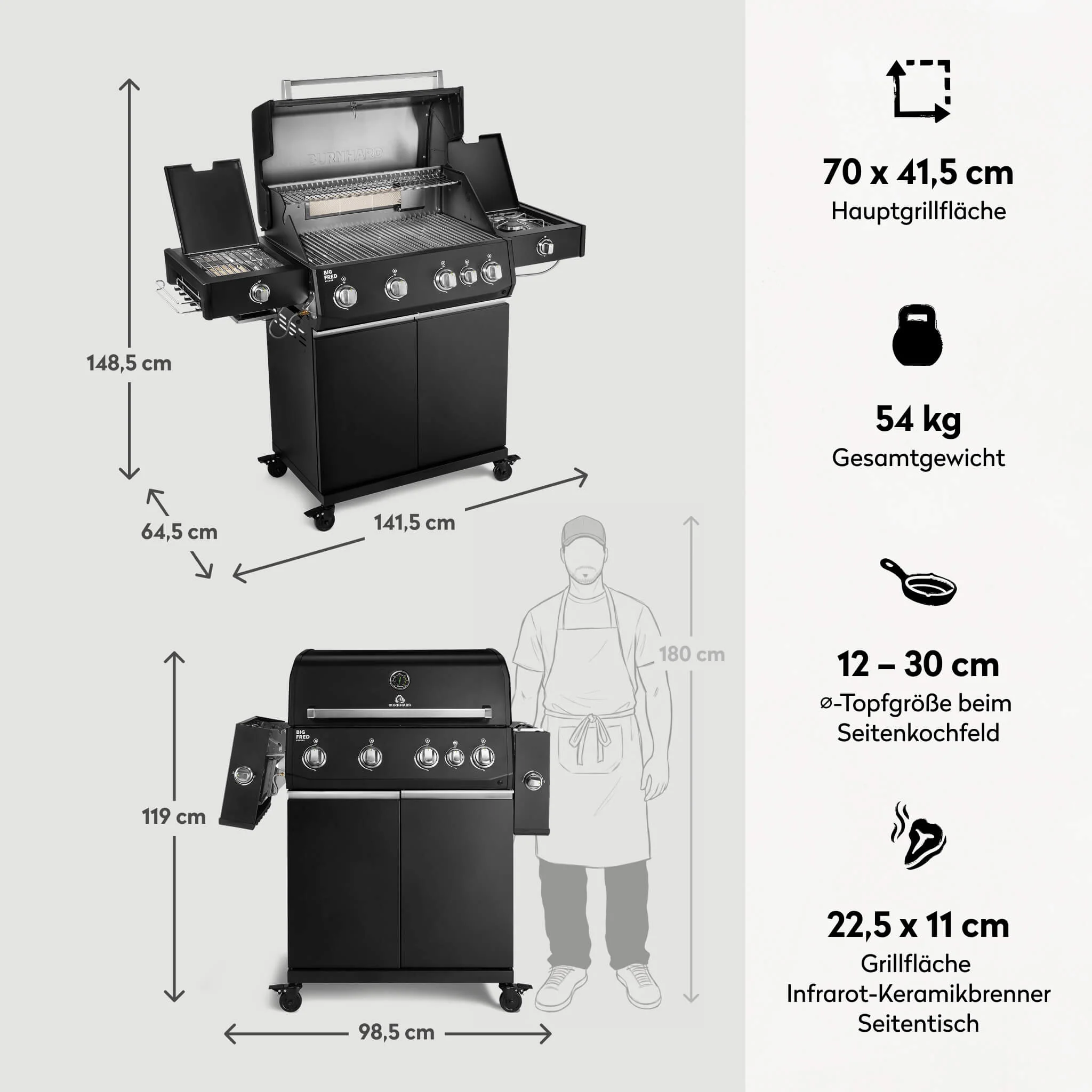 BURNHARD Big FRED Deluxe Plus Gasgrill 4 Brenner Series 4 Black Edition mit Edelstahl Grillrost Maximale BBQ Power 24,7 kW Premium Ausstattung von BURNHARD