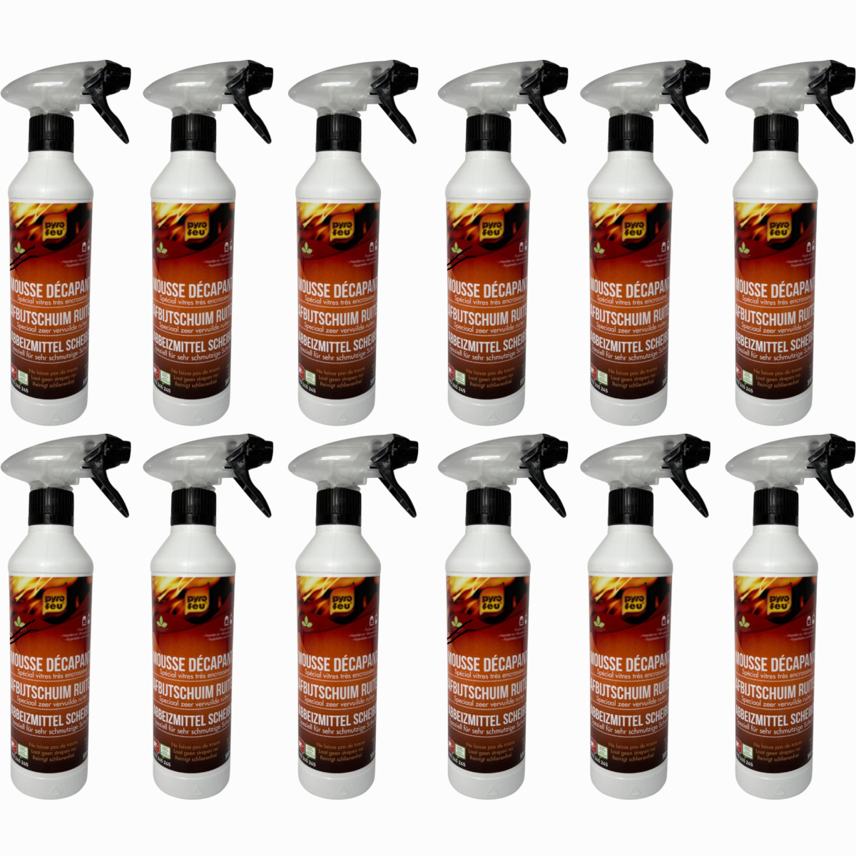 12x pyro feu Reinigungsschaum Hochwirksamer Glasschaumreiniger für Kamin- Ofen- und Herdgläser | 500ml