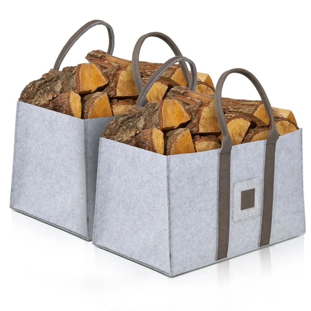 OAKAGE Holzkorb Filzshopper 2er Set Hellgrau aus recyceltem Filz 50 x 33 x 30 cm