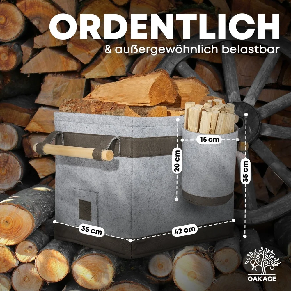 OAKAGE FireMaster Duo Holzkorb Hellgrau mit Zündholzkorb aus recyceltem Filz - 35x42x35cm