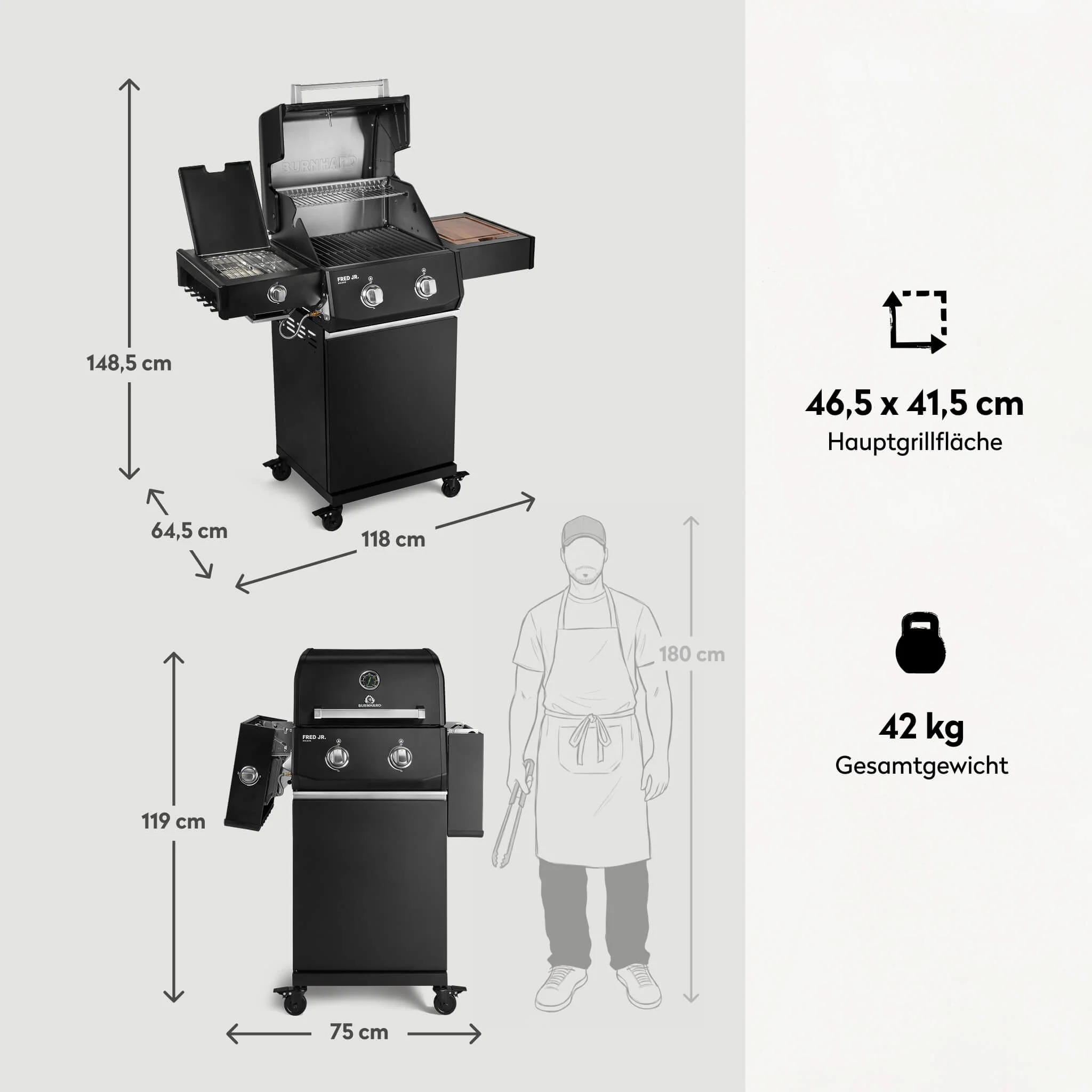 BURNHARD FRED Jr. Deluxe Series 4 Black Edition Gasgrill 2 Brenner Kompakt kraftvoll stilvoll von BURNHARD