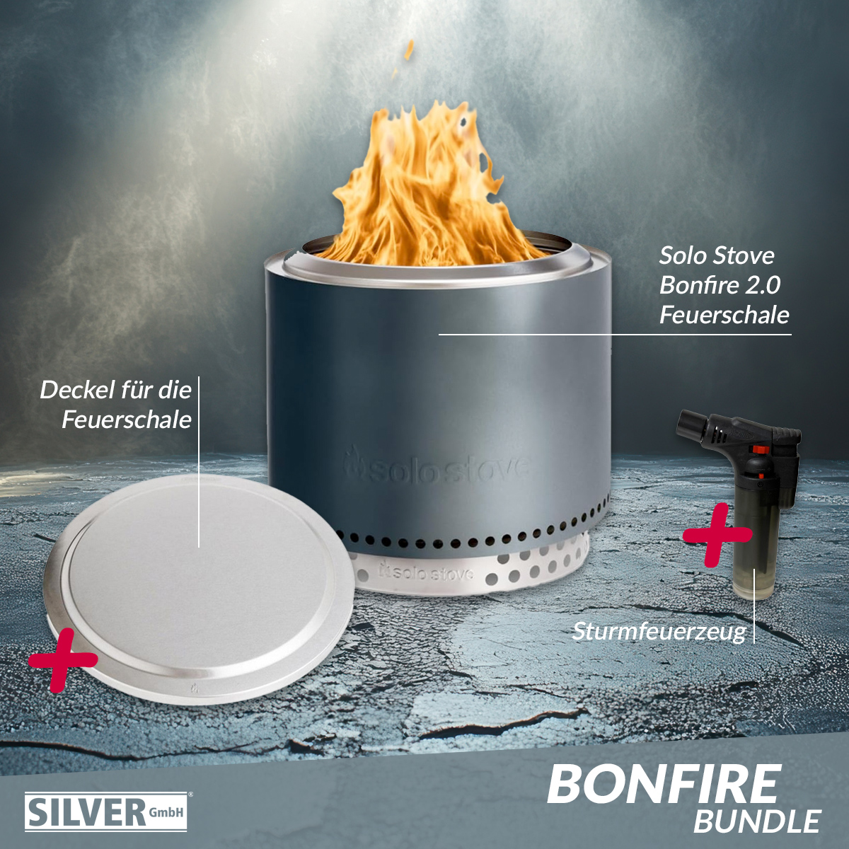 Solo Stove BONFIRE 2.0 Gunmetal Metallic Ø 49,5 cm Bundle inkl. Edelstahl Deckel + Standfuß + Tragetasche + Sturmfeuerzeug von Solo Stove