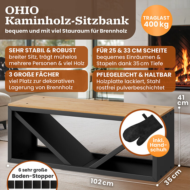 BLACK OAK Kaminholzbank Ohio schwarz matt bis 400kg - 102 × 41 × 35 cm inkl. Lederhandschuh