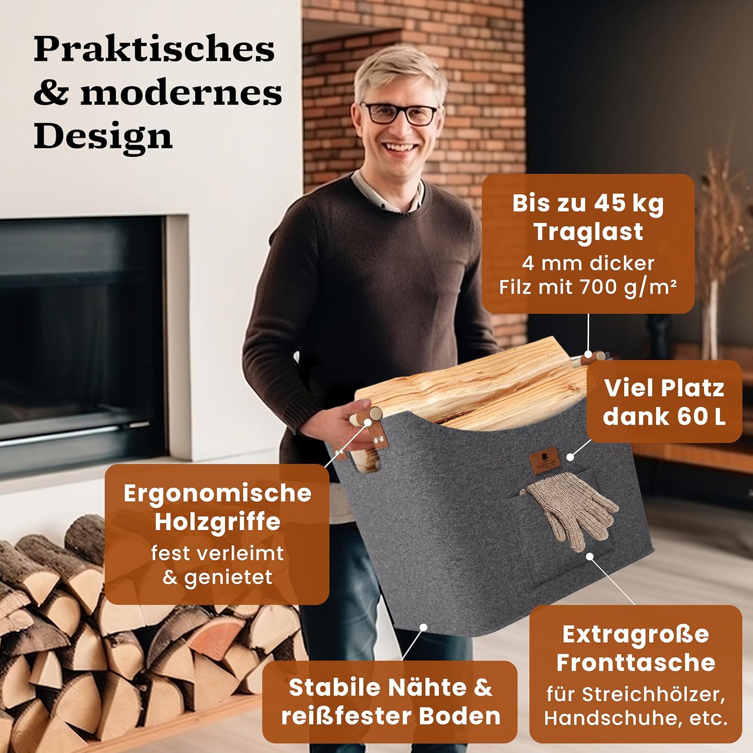 BLACK OAK Montana XL 60L Holzkorb aus Filz grau von BLACK OAK