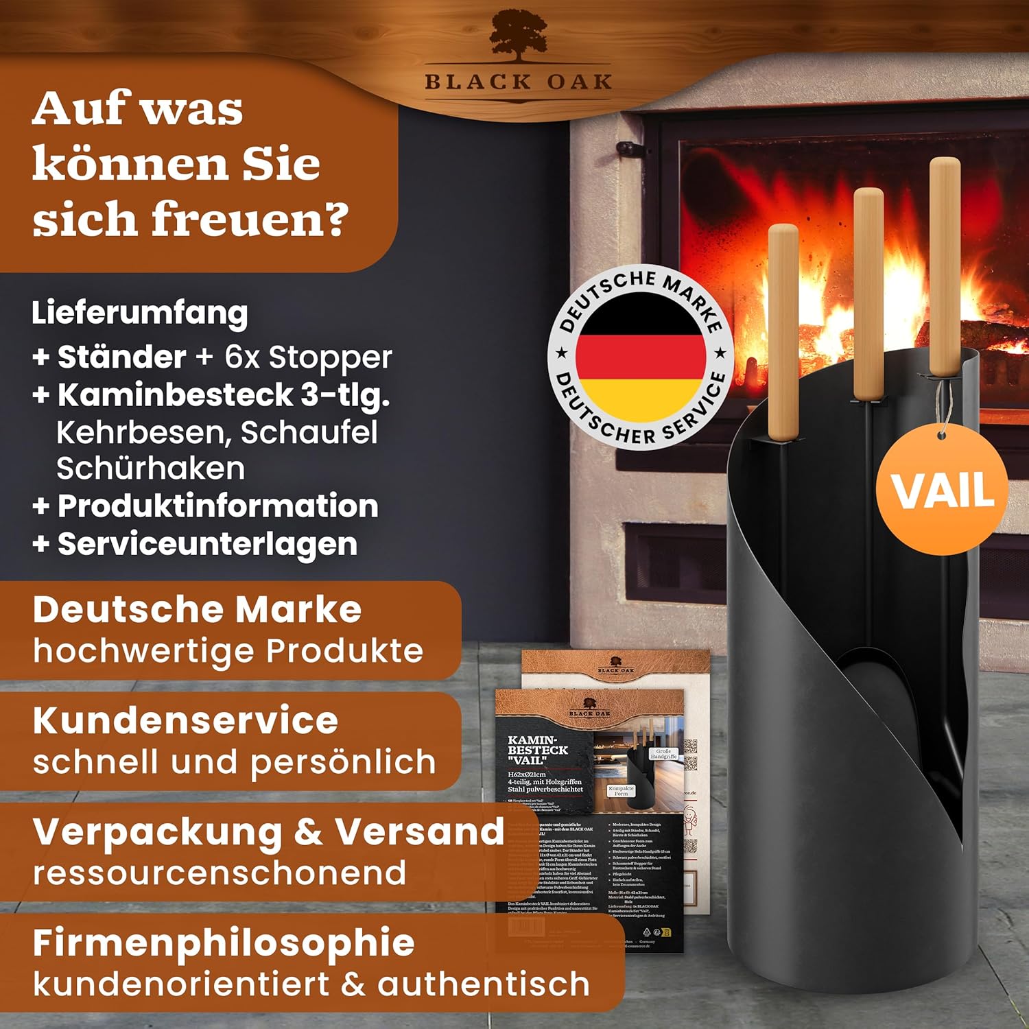 BLACK OAK Kaminbesteck Vail 4-teilig mit Holzgriff von BLACK OAK