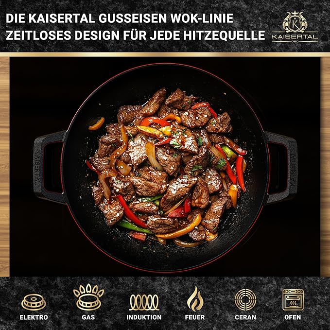 KAISERTAL Gusseisen Wok 33 cm Eingebrannt - ohne Glasdeckel von KAISERTAL