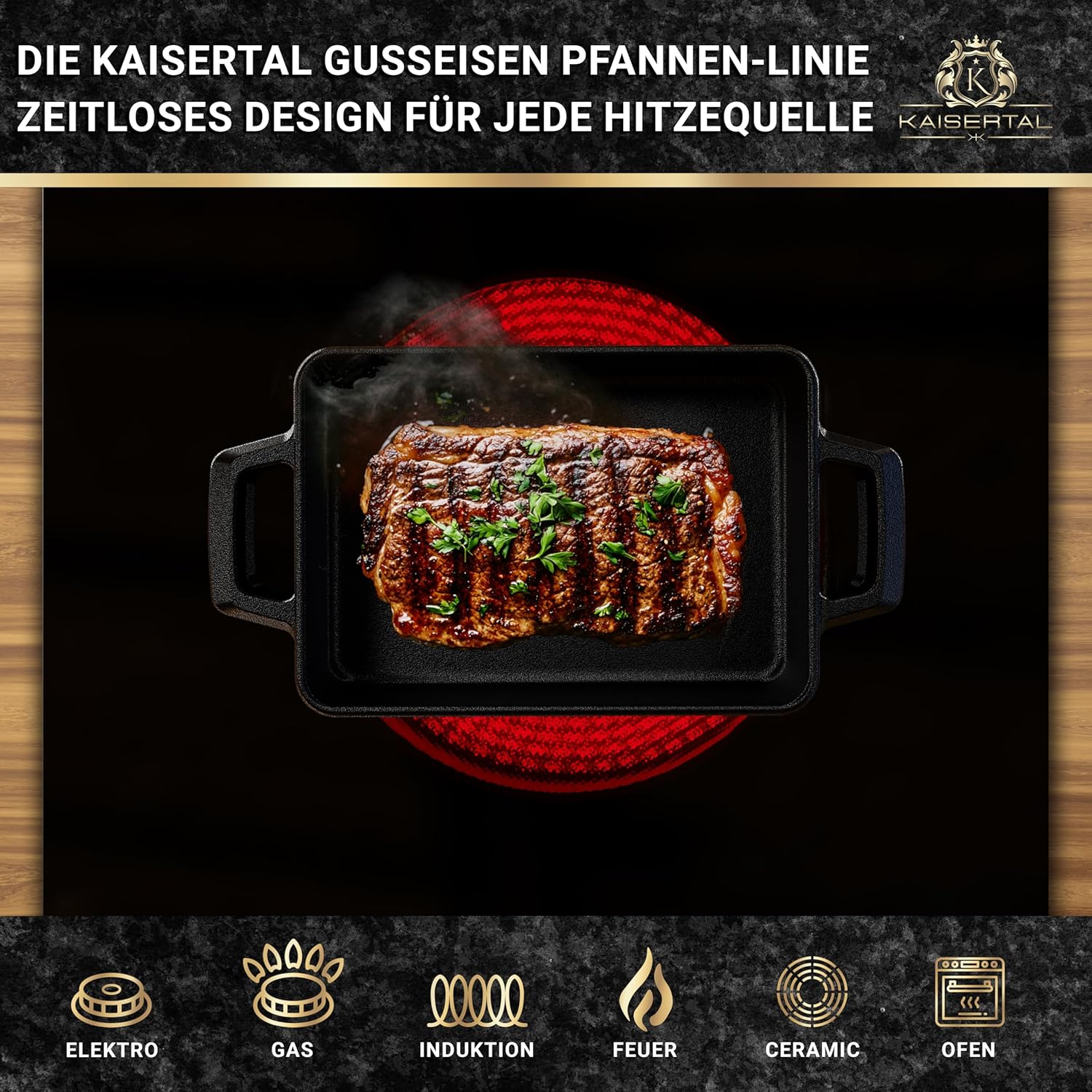 KAISERTAL Servierpfanne Gusseisen Quadratisch 16x11 cm - Pfanne mit 2 Griffen & Holzuntersetzer von KAISERTAL