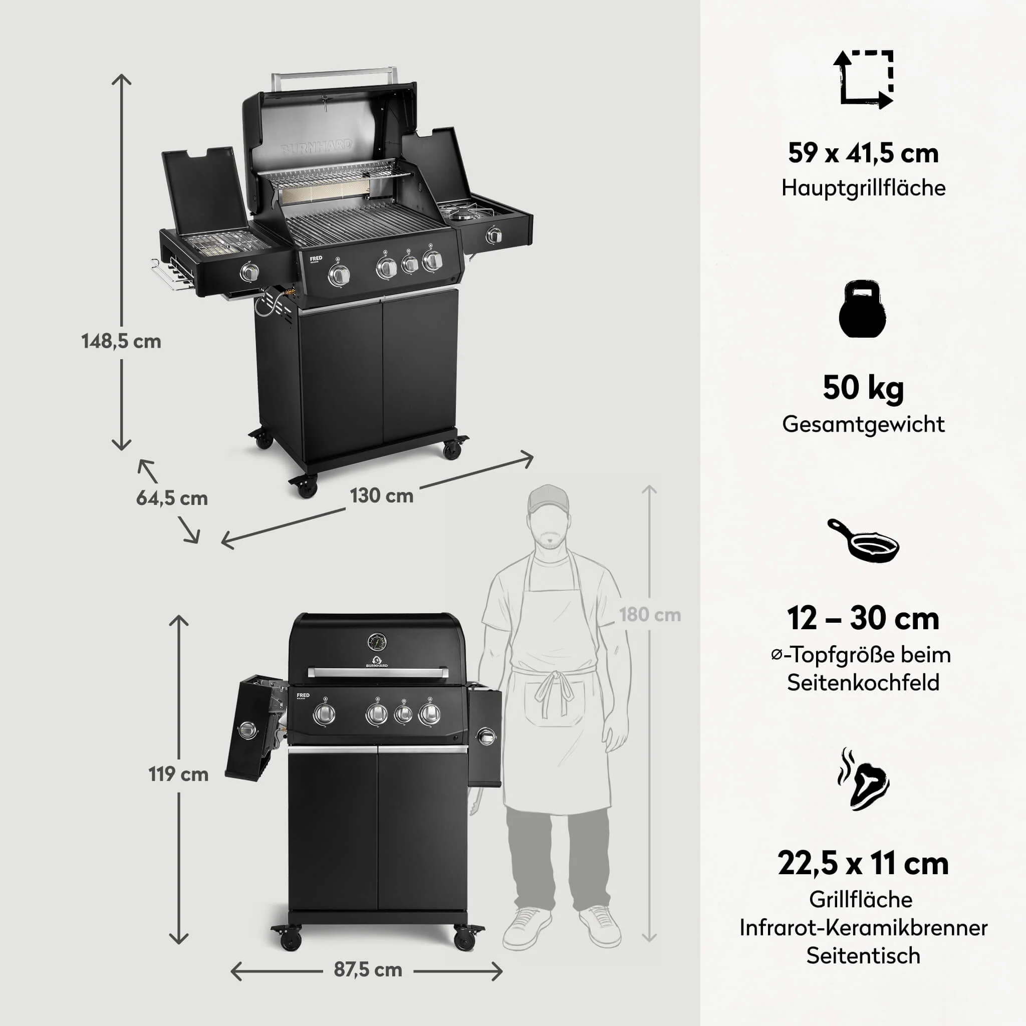 BURNHARD FRED Deluxe Plus Gasgrill 3 Brenner Series 4 Black Edition mit Edelstahl Grillrost Maximale BBQ Power 20,95 kW Premium Ausstattung von BURNHARD