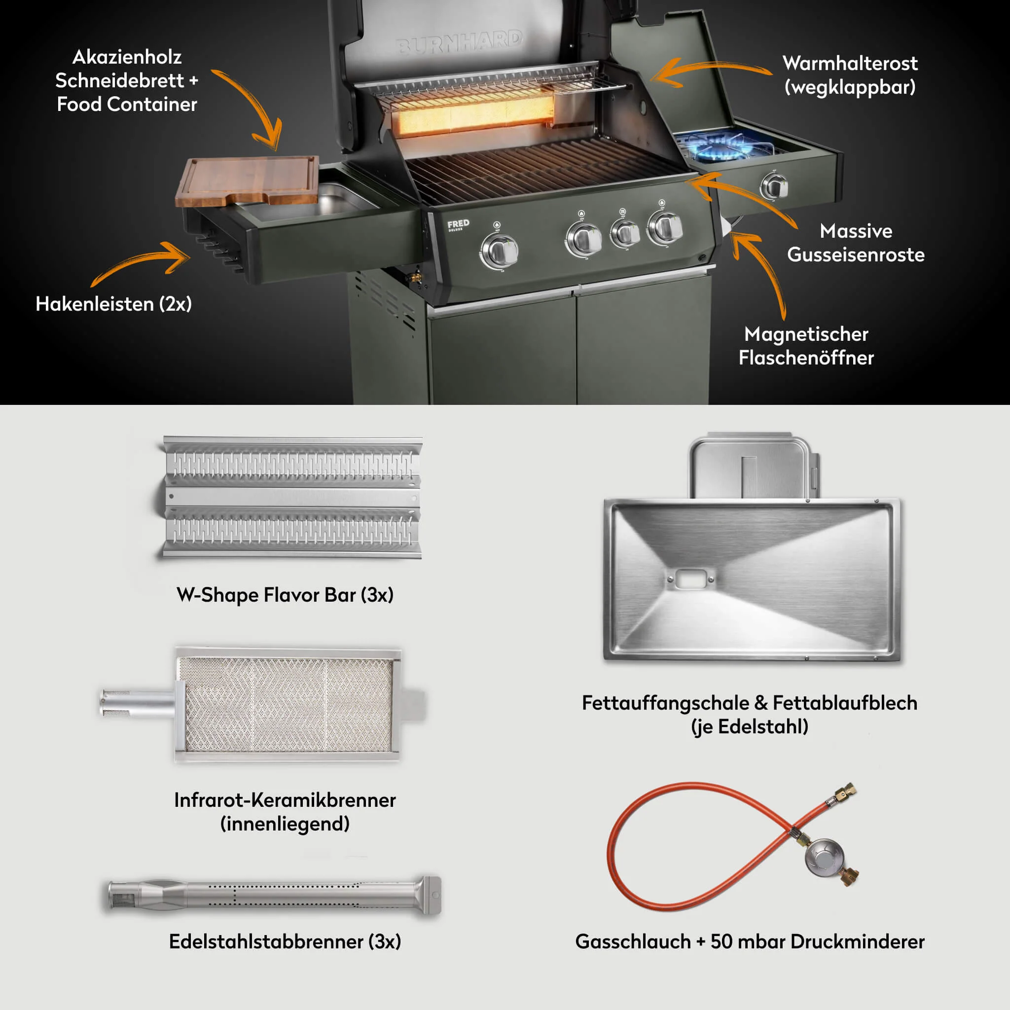 BURNHARD FRED Deluxe Gasgrill 3 Brenner Series 4 Green Edition mit Gusseisenrost Maximale BBQ Power modern nachhaltig von BURNHARD