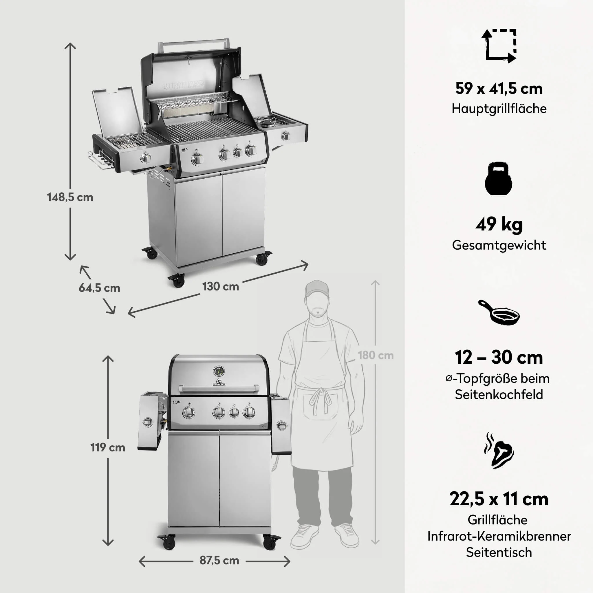 BURNHARD FRED Deluxe Plus Gasgrill 3 Brenner Series 4 Edelstahl Grill mit Edelstahl Grillrosten Maximale BBQ Power 20,95 kW Premium Ausstattung von BURNHARD