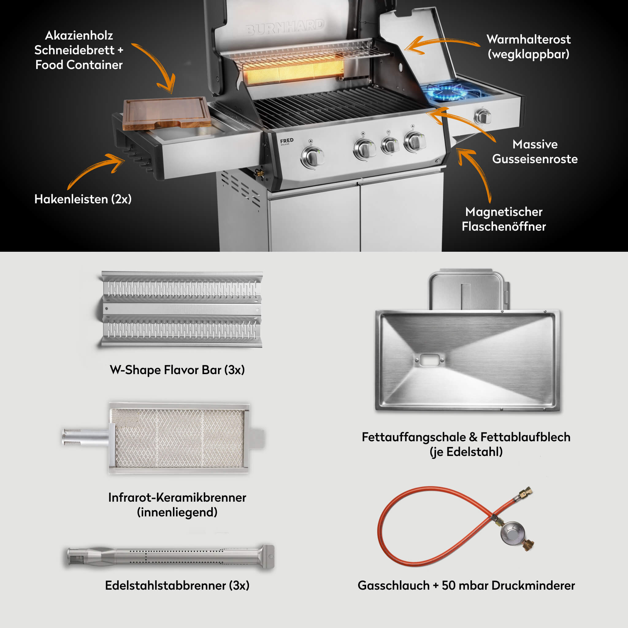 BURNHARD FRED Deluxe Gasgrill 3 Brenner Series 4 Edelstahl Grill Maximale BBQ Power langlebig hochwertig von BURNHARD