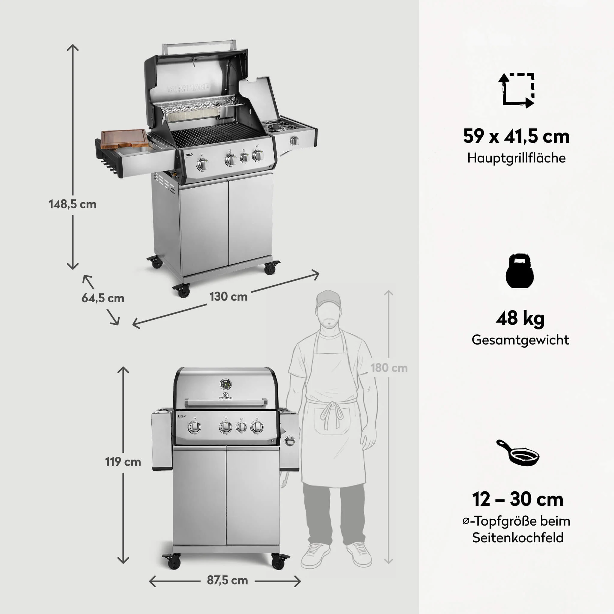 BURNHARD FRED Deluxe Gasgrill 3 Brenner Series 4 Edelstahl Grill Maximale BBQ Power langlebig hochwertig von BURNHARD