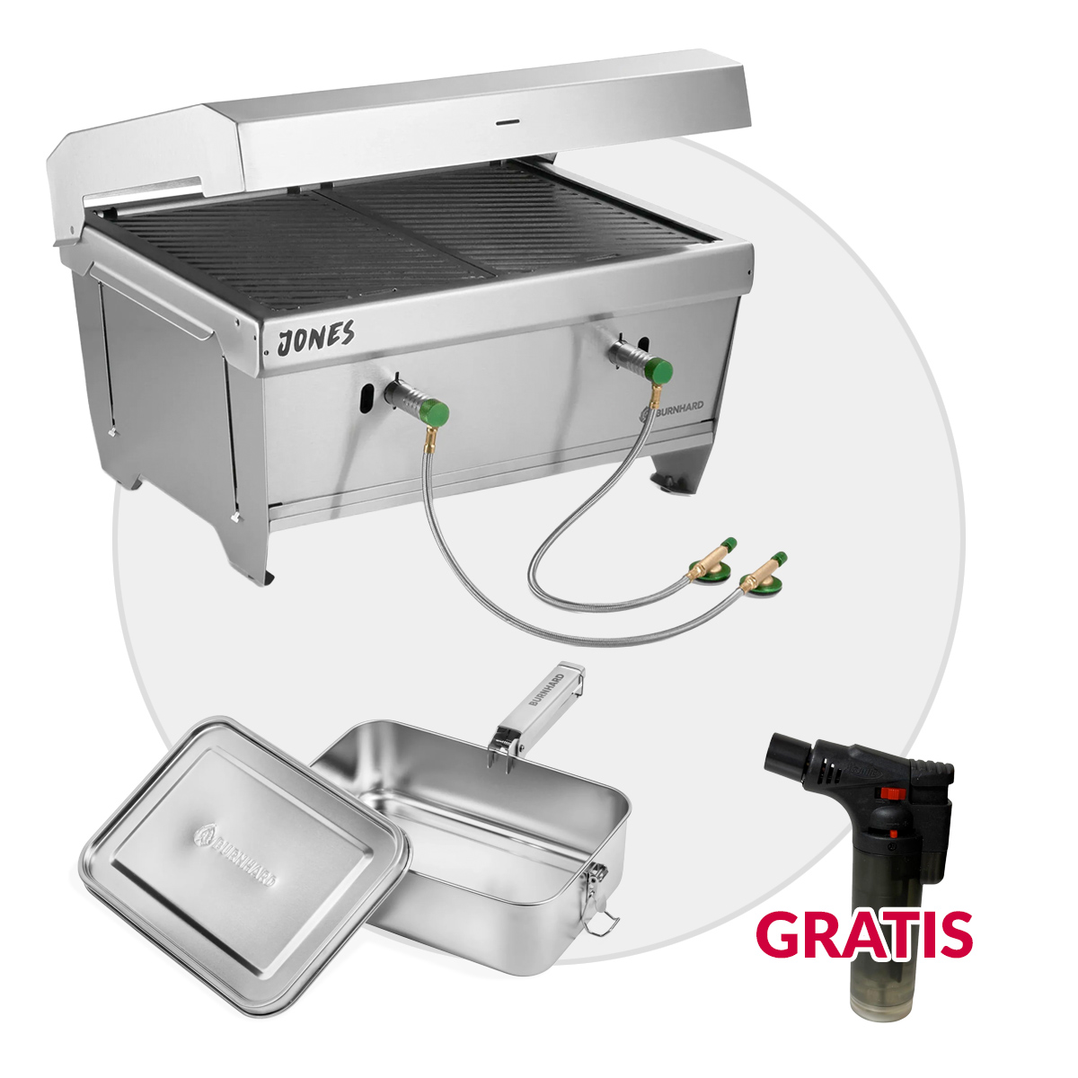 BURNHARD JONES Campinggrill 2 Brenner + 2,4 Liter Edelstahl Kochgeschirr von BURNHARD