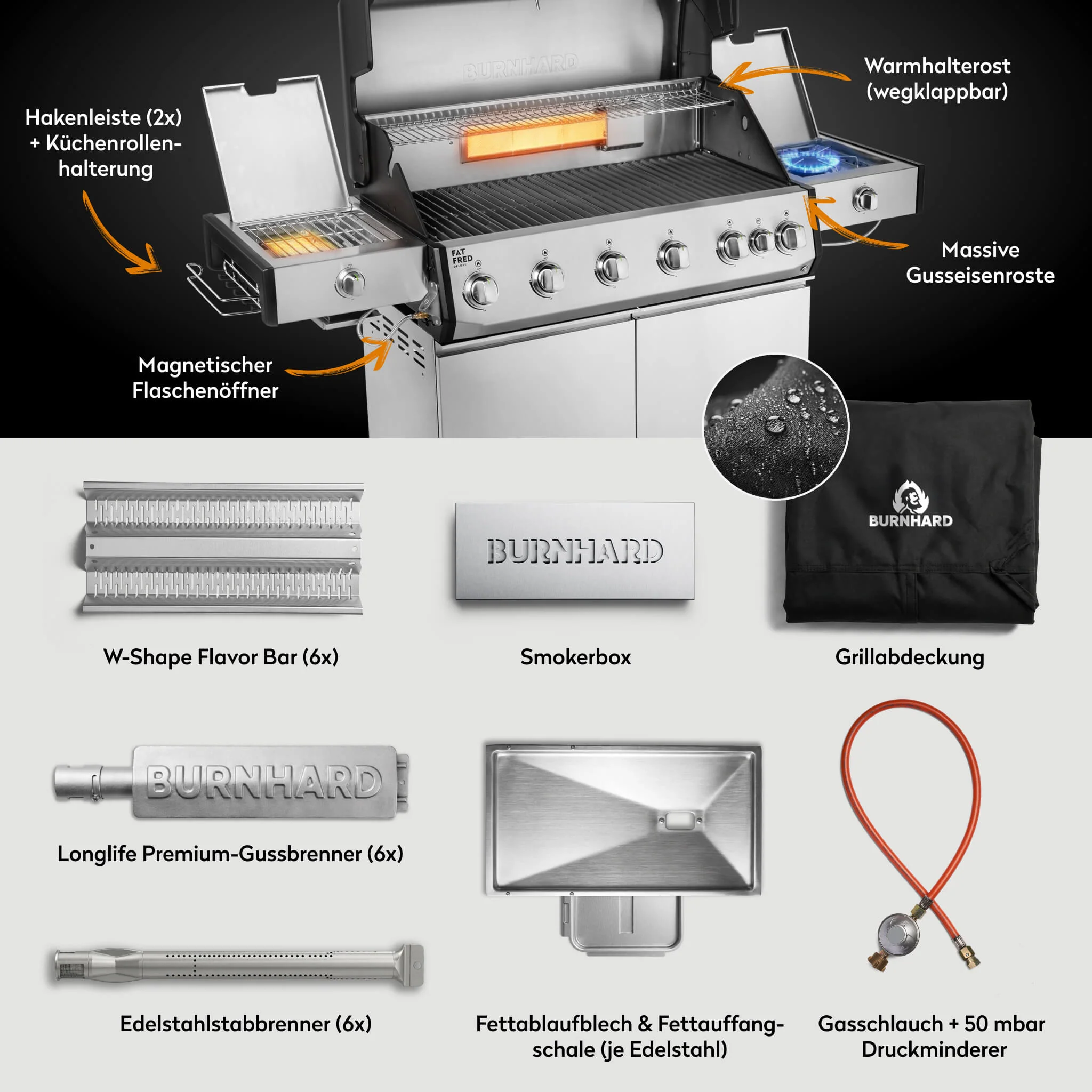 BURNHARD Fat FRED Deluxe Plus Gasgrill 6 Brenner Series 4 Edelstahl Grill mit Gusseisen Grillrost Maximale BBQ Power 30,7 kW XXL Premium Ausstattung von BURNHARD