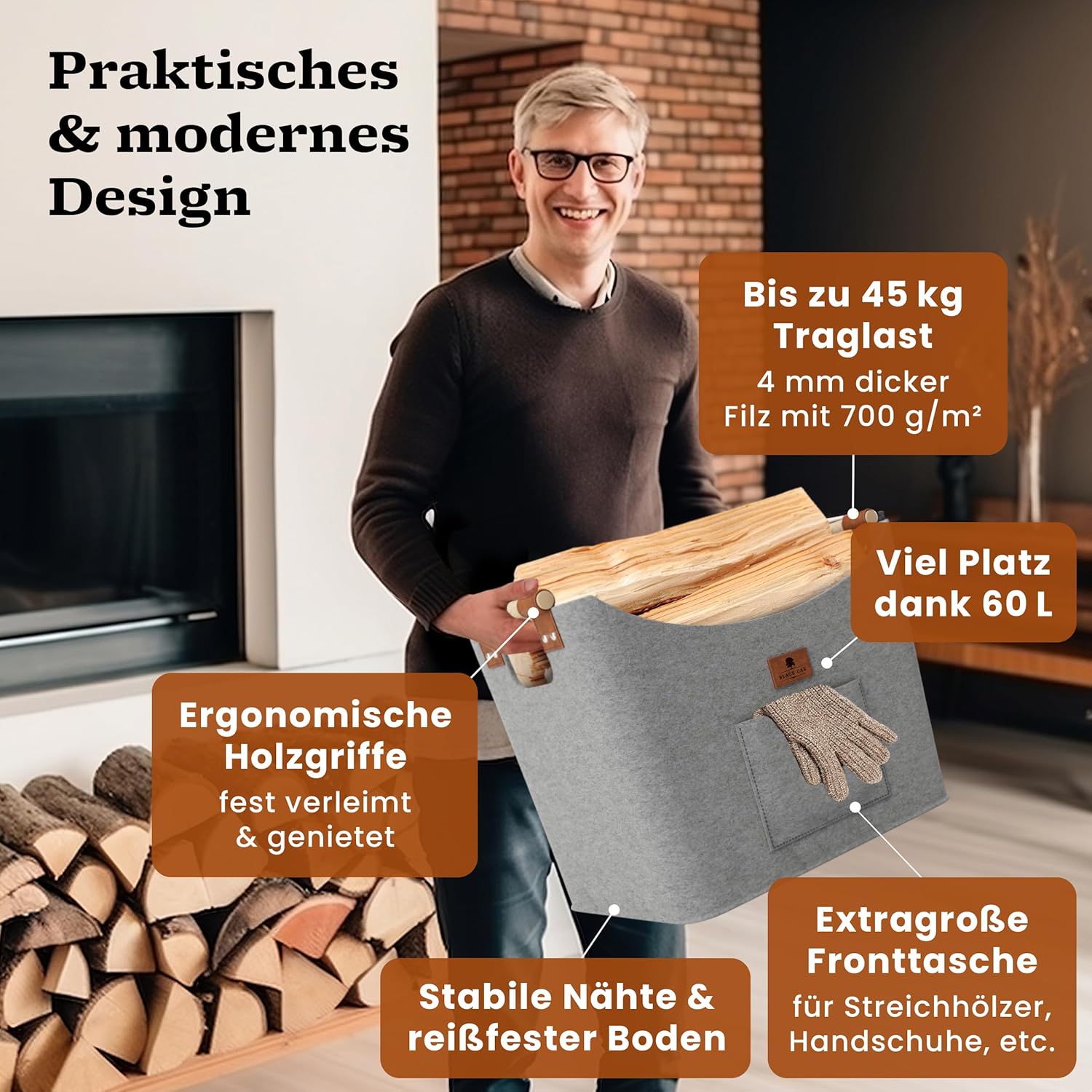 BLACK OAK Montana XL 60L Holzkorb aus Filz hellgrau von BLACK OAK