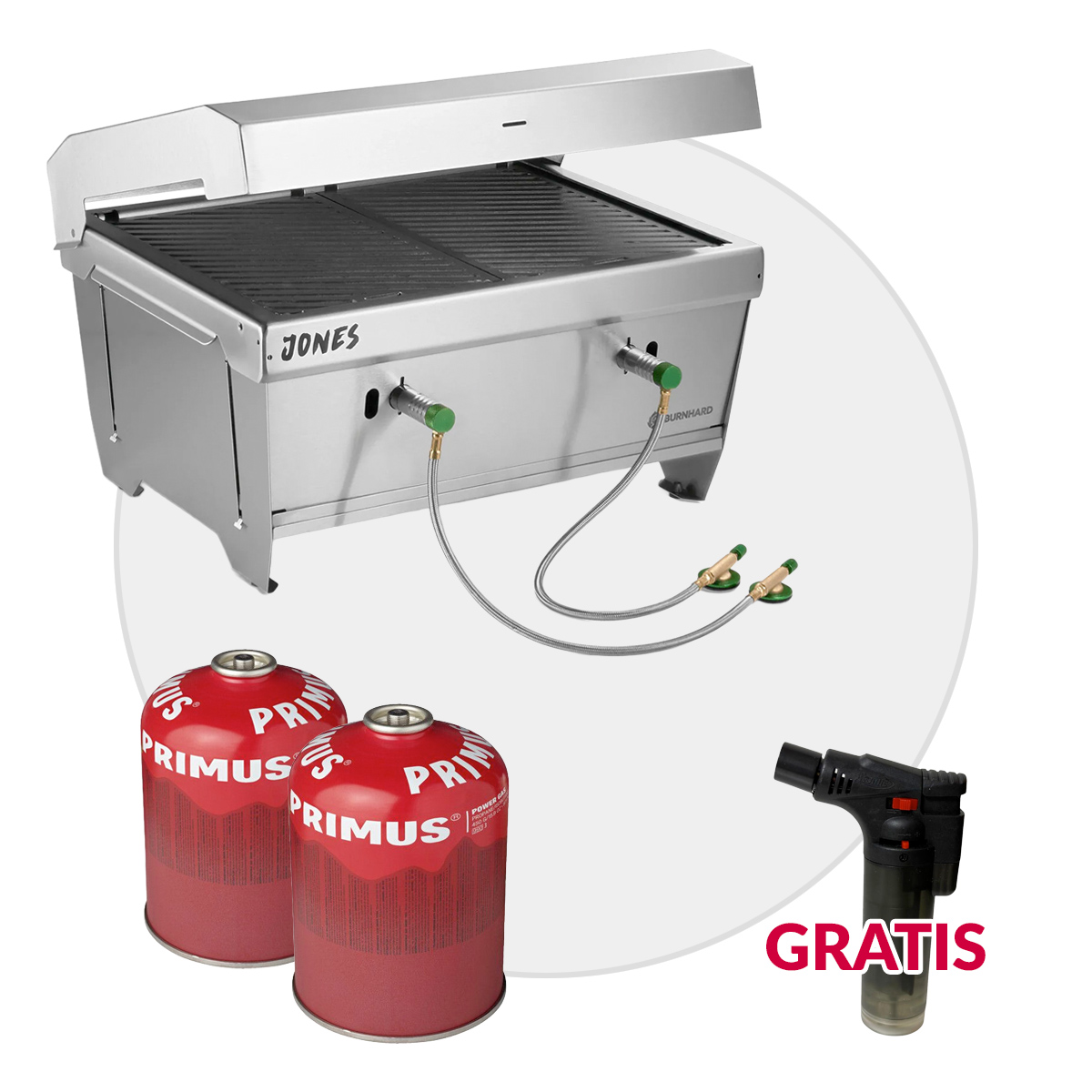 BURNHARD JONES Campinggrill 2 Brenner + 2x Primus 450g Gaskartuschen Bundle von BURNHARD