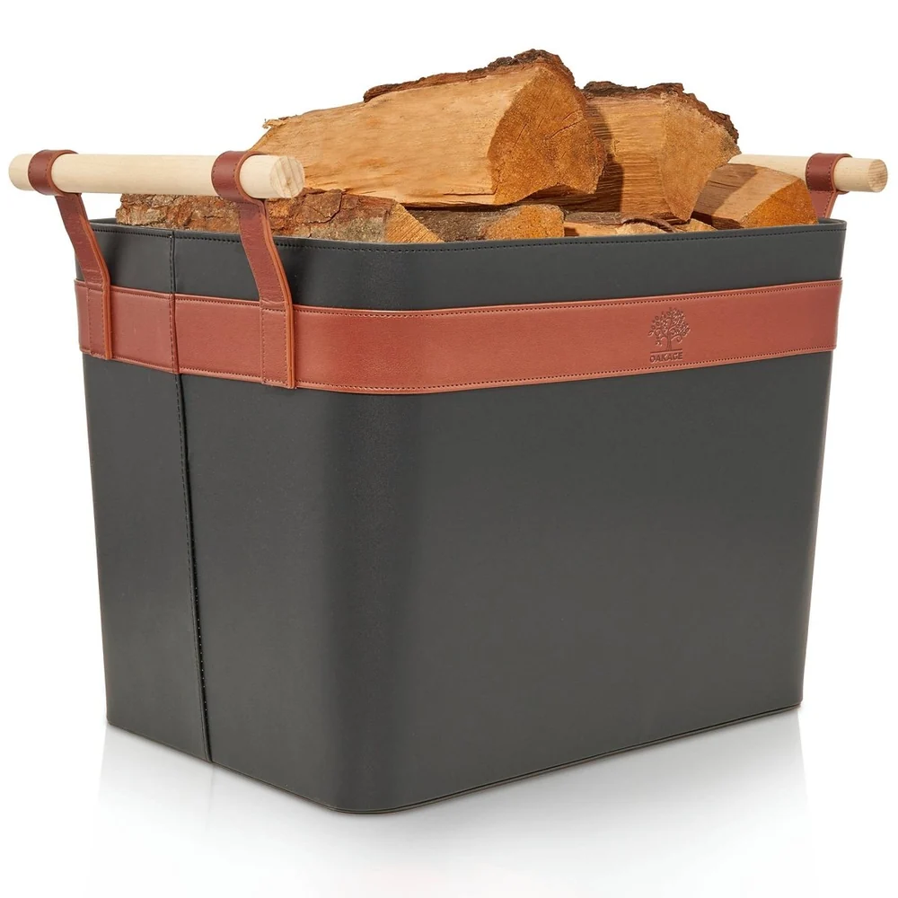 OAKAGE LuxeLeather Holzkorb Schwarz aus veganem Leder mit Buchenholzgriffen, Kaminholzkorb
