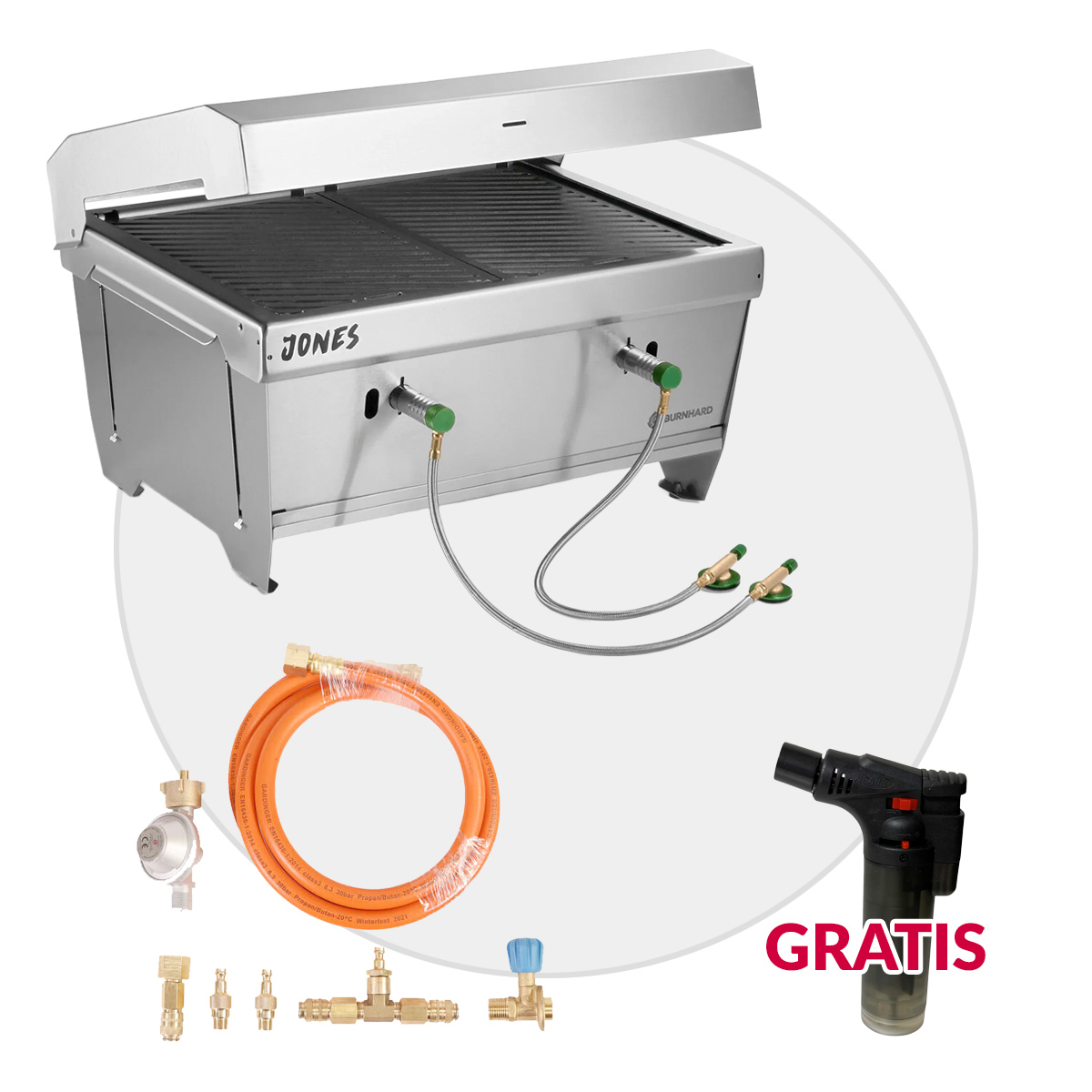BURNHARD JONES Campinggrill 2 Brenner für flexibles Grillen unterwegs + Anschlussset 1,3m Adapterschlauch mit Schnellkupplung von BURNHARD