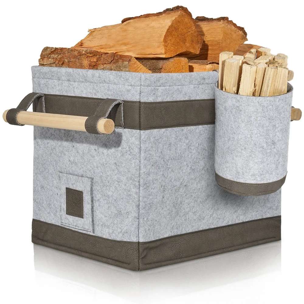 OAKAGE FireMaster Duo Holzkorb Hellgrau mit Zündholzkorb aus recyceltem Filz - 35x42x35cm von OAKAGE